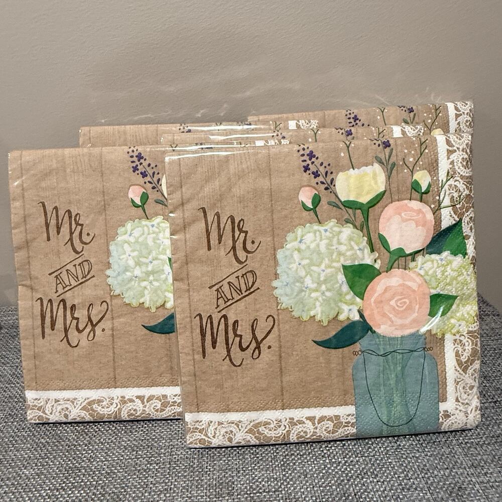 Paper Art Rustic Wedding Mr and Mrs Floral 2-Ply Square Napkins 16ct